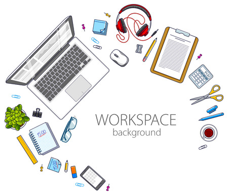 Office employee or entrepreneur work desk workplace with PC computer and diverse stationery objects for work with copy space for text. All elements are easy to use separately. Vector.のイラスト素材
