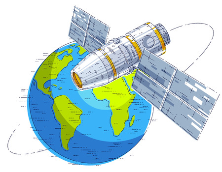 Space station flying orbital spaceflight around earth, spacecraft spaceship iss with solar panels, artificial satellite. Thin line 3d vector illustration.のイラスト素材