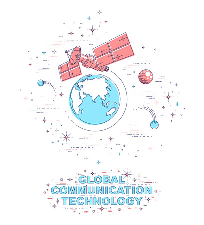 Communication satellite flying orbital spaceflight around earth, spacecraft space station with solar panels and satellite antenna plate, surrounded by stars and other elements. Vector.のイラスト素材