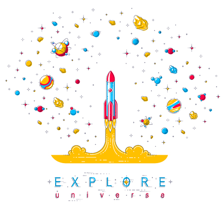 Rocket start up to space to explore undiscovered galaxy, surrounded by fantastic planets, stars and other elements. Discover universe, space science. Thin line 3d vector illustration.のイラスト素材