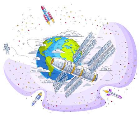 Space station flying orbital spaceflight around earth, spacecraft spaceship with solar panels, artificial satellite, with rockets, stars and other elements. Thin line 3d vector illustration.のイラスト素材