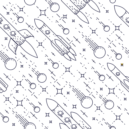 Space seamless background with rockets, stars and comets, undiscovered galaxy cosmic fantastic and interesting textile fabric for children, endless tiling pattern, vector illustration cartoon motif.のイラスト素材