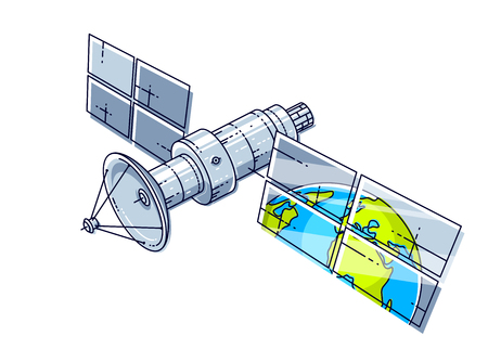Artificial orbital satellite floating in weightlessness and reflecting earth in solar panels like in the mirror, science and communication technology. Thin line 3d vector illustration.のイラスト素材