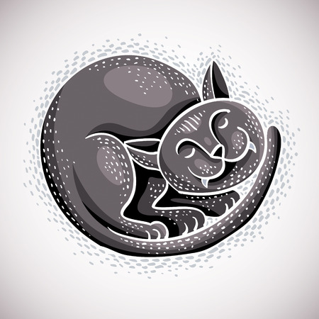 Cute cartoon doodle grey cat vector illustration, nice pet sleeping comfortable.のイラスト素材