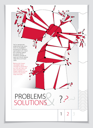 Broken Question Mark exploding brochure or flyer design, Query breaking to pieces, vector 3d realistic illustration. Special character conceptual symbol, doubt, difficulty, FAQ and support concept.のイラスト素材