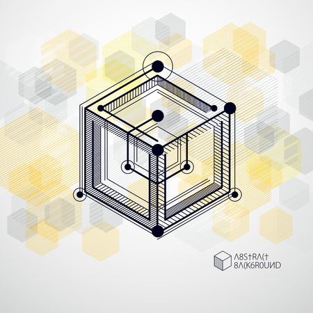 Vector drawing of yellow industrial system created with lines and 3D cubes. Modern geometric composition can be used as template and layout.のイラスト素材