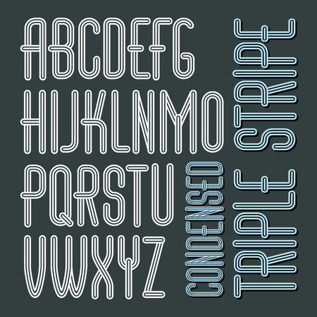Vector funky capital English alphabet letters collection. Cool condensed font, script from a to z can be used in poster art. Created using triple stripy, parallel lines.のイラスト素材