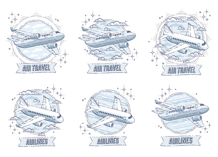 Plane airliner with round shape and ribbon with typing, airlines air travel emblems or illustrations set. Beautiful thin line vectors set isolated over white background.のイラスト素材