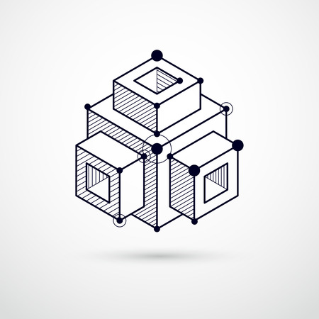 Abstract modern retro black and white 3D background, geometric futuristic shapes vector illustration. Abstract scheme of engine or engineering mechanism.のイラスト素材