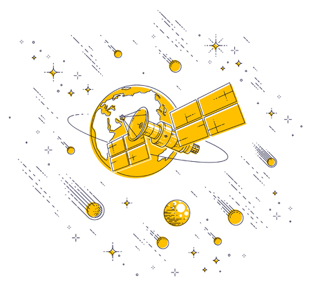 Satellite flying orbital flight around earth, communication technology spacecraft space station with solar panels and satellite antenna plate, with asteroids, stars and other elements. Vector.のイラスト素材