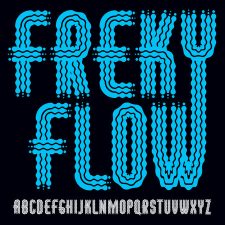 Vector funky upper case English alphabet letters collection. Rounded bold condensed type font, script from a to z can be used in retro poster design. Created using waves, flowing lines.のイラスト素材