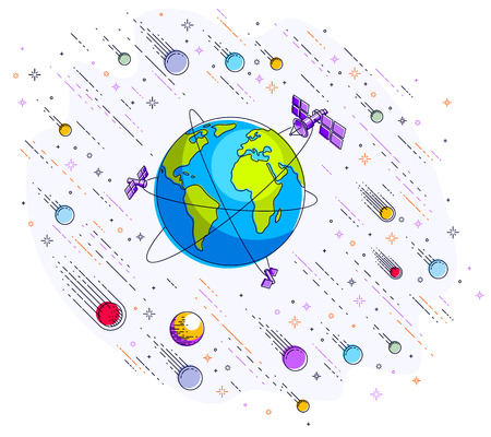 Earth in space, our planet in huge cosmos surrounded by artificial satellites, rockets and stars. Global communication technology theme. Thin line 3d vector illustration isolated on white.のイラスト素材