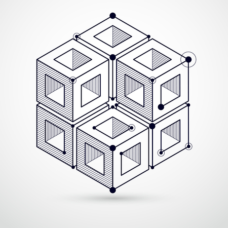 Abstract vector geometric isometric black and white background. Mechanical scheme, vector engineering drawing with cube and geometric mechanism parts.のイラスト素材
