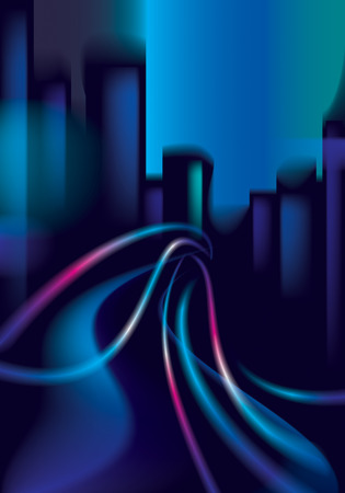 Light trails on the street of big city in the night. Effect vector beautiful background. Blur colorful dark background with cityscape, buildings silhouettes skyline.のイラスト素材