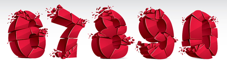 3D realistic red numbers set 6 7 8 9 0 vector illustration, breaking to pieces digits over white symbols collection.のイラスト素材