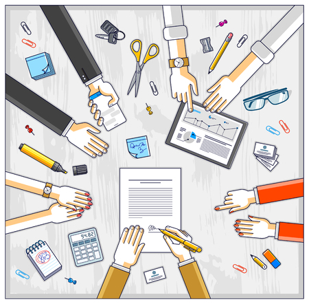 Businessman signs a document while team of business people presenting and explaining to him their analytics and plan, credit loan for startup investor, top view of people hands. Vector illustration.のイラスト素材