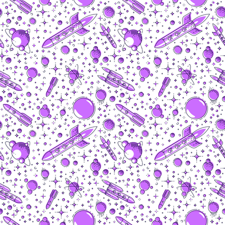 Seamless space background with rockets, planets and stars, undiscovered deep cosmos fantastic and breathtaking textile fabric for children, endless tiling pattern, vector illustration cartoon motif.のイラスト素材