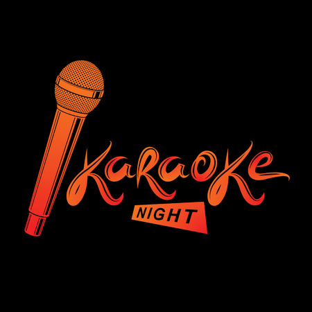 Nightlife entertainment concept, karaoke night vector inscription composed with stage microphone illustration. Leisure and relaxation lifestyle presentation.のイラスト素材