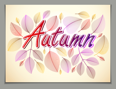 Autumn horizontal banner design, vector yellow and red leaves floral beautiful background, Autumn Sale, advertising poster, brochure or flyer design. Stylish classy botanical drawing, environment.のイラスト素材