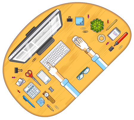 Work desk workspace top view with hands of office worker or entrepreneur, PC computer and a lot of different stationery objects on table. All elements are easy to use separately. Vector.のイラスト素材