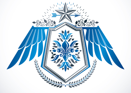 Vintage heraldry design template, winged vector emblem decorated using lily flower, pentagonal stars and laurel wreathのイラスト素材