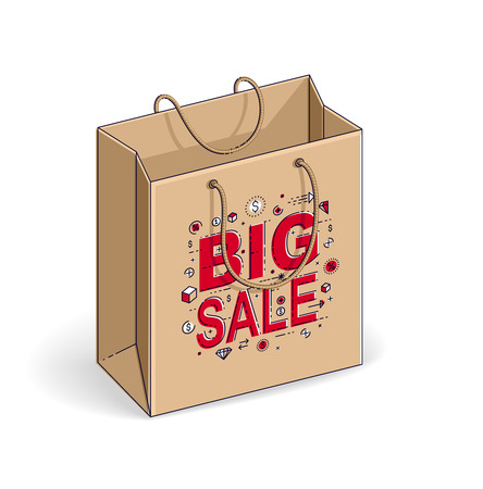 Shopping bag big sale, sellout, retail, Black Friday discount, eco paper bag isolated on white background. Vector 3d isometric business and finance illustration, thin line design.のイラスト素材