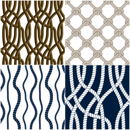Seamless patterns rope woven vectors set, abstract illustrative backgrounds collection. Endless navy illustrations with fishing net ornament and marine knots. Usable for fabric, wallpaper, wrapping, web and print.のイラスト素材