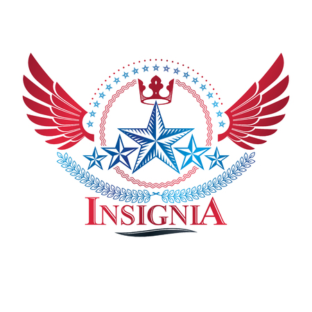 Winged ancient Star emblem decorated with imperial crown. Heraldic vector design element, 5 stars award symbol.  Retro style label, heraldry logo.のイラスト素材