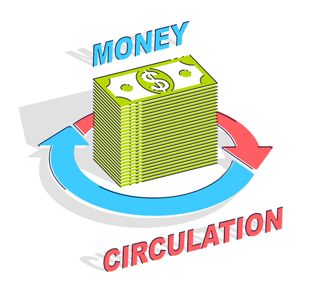 Money Circulation concept, cash money stack with radial loop arrows around. Vector 3d isometric business and finance illustration, thin line design.のイラスト素材