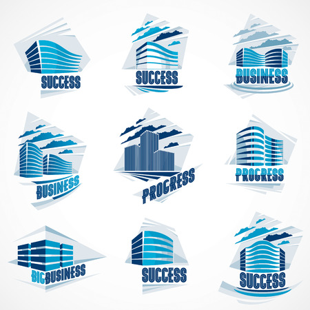 Futuristic buildings set, modern style vector architecture illustrations collection. Real estate realty business center designs. 3D business office facades in big city. Can be used as a logos or icons.のイラスト素材