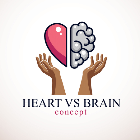 Heart and Brain concept, conflict between emotions and rational thinking, teamwork and balance between soul and intelligence. Vector logo or icon design.のイラスト素材