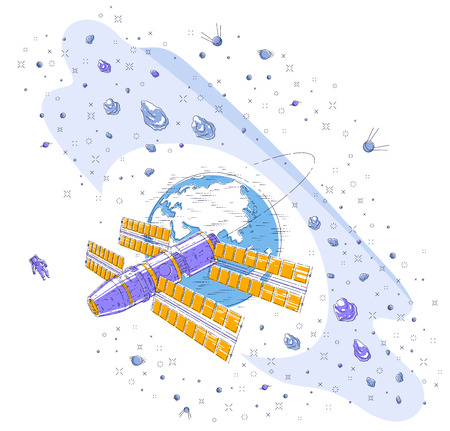 Space station orbiting around earth, spaceflight, spacecraft spaceship iss with solar panels, artificial satellite, under asteroid rain and stars. Thin line 3d vector illustration.のイラスト素材