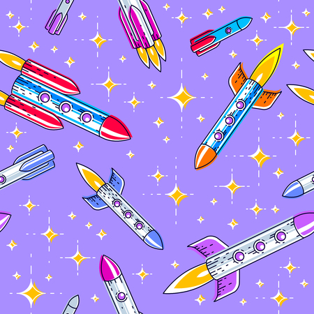 Seamless space background with rockets and stars, cosmos fantastic and breathtaking textile fabric for children, endless tiling pattern, vector illustration cartoon motif.のイラスト素材