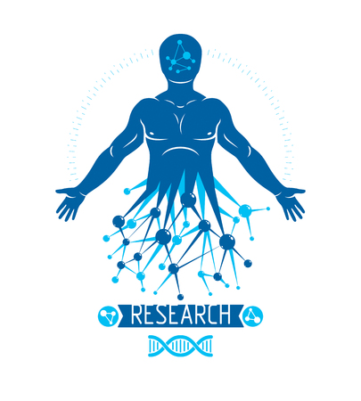 Athletic man vector illustration made using futuristic molecular connections. Human as the object of biochemistry research, genetic engineering.のイラスト素材