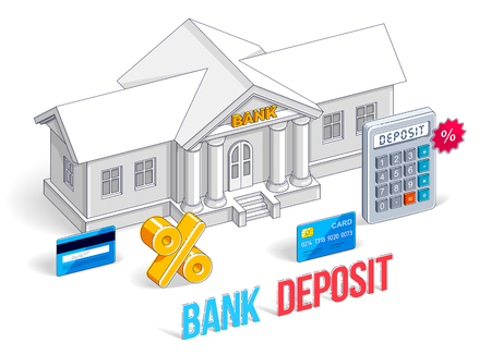 Deposit concept, bank building with calculator isolated on white background, banking theme. 3d vector business and finance design, isometric thin line illustration.のイラスト素材