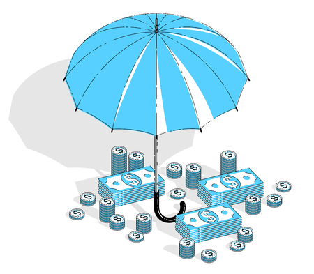 Insurance concept, umbrella with cash money dollar stack and coins isolated on white background. Vector 3d isometric business and finance illustration, thin line design.のイラスト素材