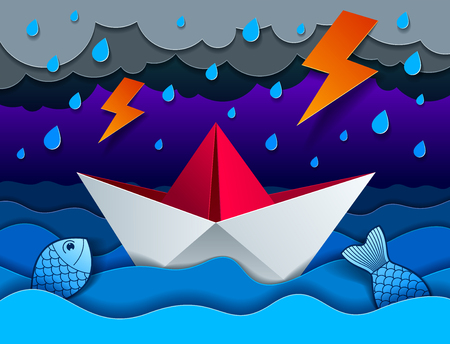 Origami paper ship toy swimming in thunderstorm with lightning, curvy waves of the sea and clouds in the sky, beautiful vector illustration in paper cut style.のイラスト素材