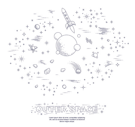 Fantastic undiscovered galaxy with unknown planets, science fiction, with rockets, stars and other elements. Explore universe, breathtaking space science. Thin line 3d vector illustration.のイラスト素材