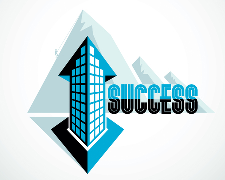 Rock climber as a concept of reaching goal of success behind of modern architecture business office building. Career concept. Vector illustration. Real estate realty center, futuristic facade.のイラスト素材