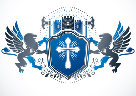 Retro vintage Insignia created using vector design elements like religious cross, hatchets, ancient castle and mythic gryphon.のイラスト素材