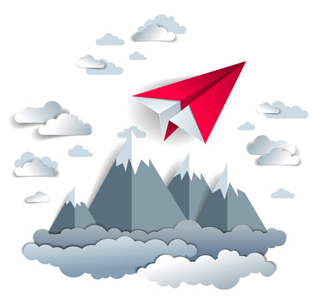 Origami paper plane toy flying in the sky over mountain peaks, perfect vector illustration of scenic nature landscape with toy jet take off mountain range, airlines air travel theme.のイラスト素材