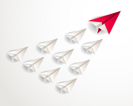 Leadership concept visualized with origami folded plane toys one of them is flying in the front and leading the team group, vector modern style 3d illustration.のイラスト素材
