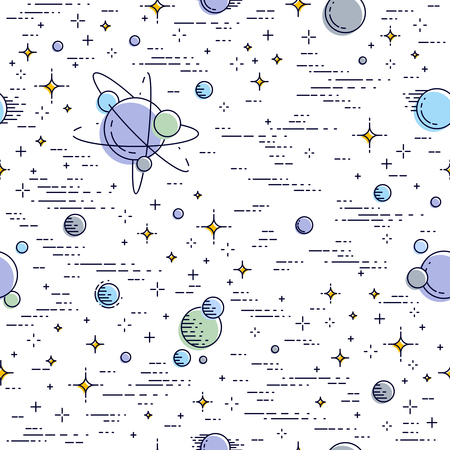 Seamless space background with planets, stars, asteroids and meteors, undiscovered deep cosmos fantastic and breathtaking textile fabric for children, endless tiling pattern, vector illustration.のイラスト素材