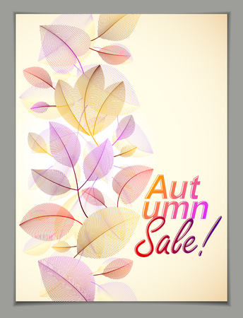 Design vertical banner with Autumn typing logo, fall red and yellow leaves frame composition background. Card for autumn season, promotion offer. Stylish classy botanical drawing, environment.のイラスト素材