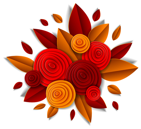 Autumn flowers and leaves beautiful design, vector illustration in paper cut style. Wedding invitation or fall seasonal romantic greeting card.のイラスト素材