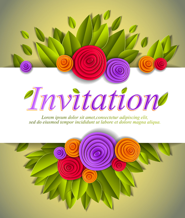 Invitation event card with fresh green leaves and colorful flowers, wedding, anniversary, vector design made in paper cut realistic style.のイラスト素材
