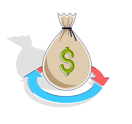 Money circulation, return on investment, currency exchange, cash back, money refund, concepts can be used. Vector illustration of cash money stack with radial loop arrows around, 3d isometric.のイラスト素材