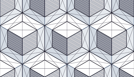 Geometric cubes abstract seamless pattern, 3d vector background. Technology style engineering line drawing endless illustration. Single color, black and white. Usable for fabric, wallpaper, wrapping, web and print.のイラスト素材