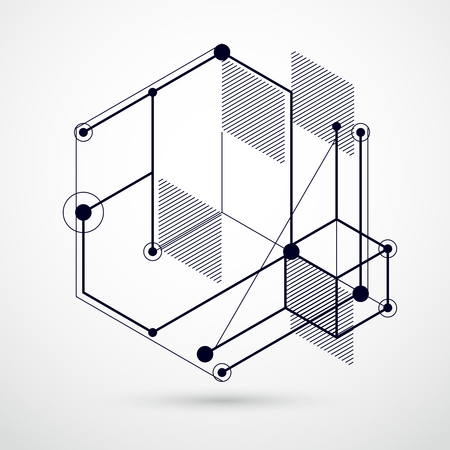Mechanical scheme, black and white vector engineering drawing with 3D cubes and geometric elements. Engineering technological wallpaper made with honeycombs.のイラスト素材