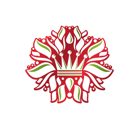 Lily Flower Royal emblem. Heraldic Coat of Arms isolated vector illustration created with decorative ribbon and imperial crown. Ecology and environment conservation business logo.のイラスト素材